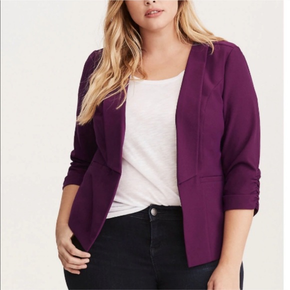 torrid Jackets & Blazers - Torrid Ruched Sleeved Open Front Purple Blazer